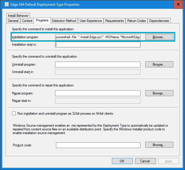 Consola MEMCM (SCCM) - Microsoft Edge Installation Program