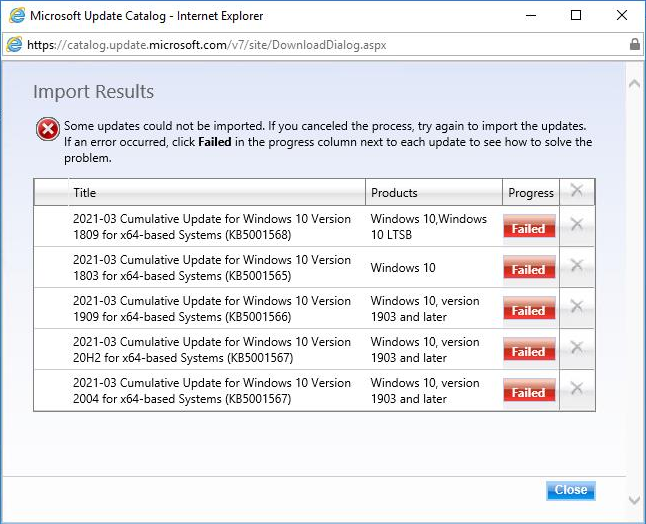 Microsoft Update Catalog - Failed Import Updates - Error 80131509