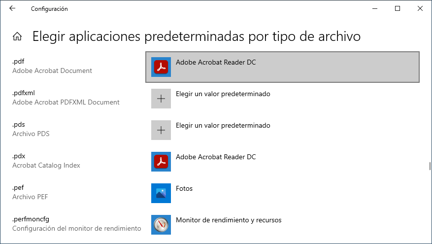 Elegir aplicaciones predeterminadas por tipo de archivo en Windows 10 - Adobe Acrobat Reader DC